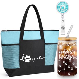 Bulyoou 3 Pcs Christmas Vet Tech Gifts Tote Bag with Mesh Pocket You're Pawsome Sign 16 Oz Glass Cup Cute Paw Sign Badge Reel Xmas Gift for Veterinary Vet Tech Coworker Animal Nurse (Blue)