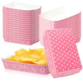 Unbess 50Pcs Pink Cowgirl Paper Food Trays - Disposable Serving Tray Paper Plates Food Boats Assembled Snack Holder for Nacho Popcorn Hot Dog Birthday House Party Concession Stand Container Supplies