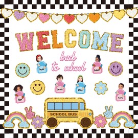 Welcome Back to School Bulletin Board Boho Groovy Preppy Patch Classroom Bulletin Board Decorations Schoolbag Paper Cutouts for Office Chalkboard Decor First Day of School Wall Door Supplies