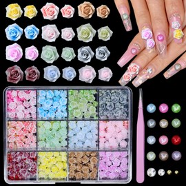 3D Color Rose Camellia Flower Nail Charms, Assorted Pink White Red Black Purple Rose Flowers 3D Cute Nail Charms, Mix Size Flatback Pearls for Nail Art Manicure DIY Crafts Jewel Accessories