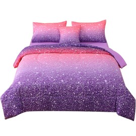 JQinHome Full Size Pink Purple Comforter Set, 6 Piece Bed in A Bag 3D Colorful Bedding Set for Girls Women(1 Comforter,2 Pillowcases,1 Flat Sheet,1 Fitted Sheet,1 Cushion Cover)