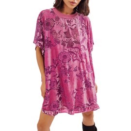 Women Short Sleeve Velvet Mini Dress Vintage Crew Neck Floral Printed Oversized Short Dress Summer Loose Boho Dress (1#Rose, S)