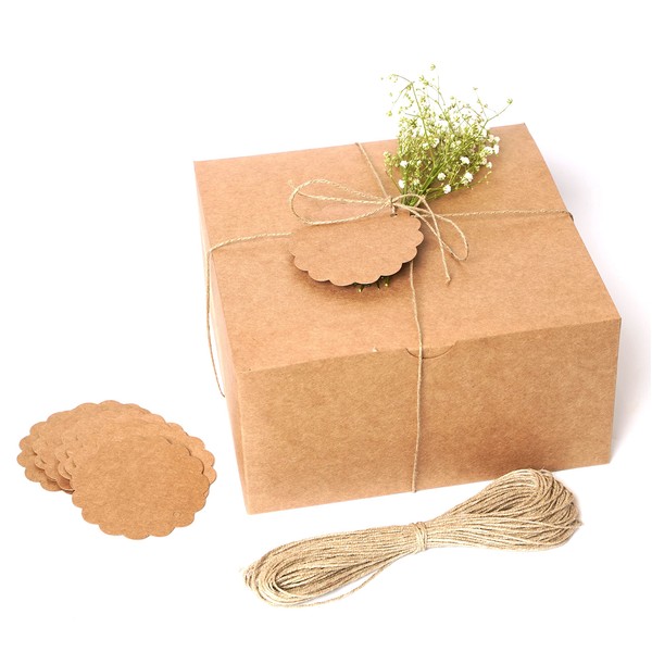 mudrit Kraft Gift Boxes 10 Pack 8x8x4 Inches, Thick Kraft Paper Boxes with Lids, Tags & Jute Rope for Gifts, Wedding Favours, Bridesmaid Proposals, Cupcakes, Crafting