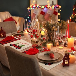 Weldomcor Christmas Placemats Set of 6 Buffalo Plaid Truck Table Place Mats for Dining Table Tableware Pad Burlap Heat Resistant Xmas Table Mats Kitchen Dining Party Decoration