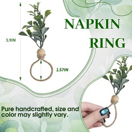 MAOANME Napkin Rings Set of 12, Rustic Eucalyptus Napkin Holder Rings with Wood Bead, Farmhouse Green Leaf Napkin Ring Bulk, Boho Napkin Ring for Wedding, Table Decor