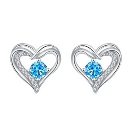 Silver Earrings for Women Girls, Silver Heart Stud Earring Aquamarine Cubic Zirconia Dainty Earrings Jewellery Gift for Mum Wife Her Birthday Mother's Day Valentines Day Christmas Xmas Gift