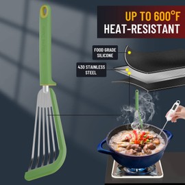 Maywe Tanso Fish Spatula,600℉ Heat Resistant Silicone Fish Spatula with Basting Brush,for Nonstick Cookware,Flexible Slotted Fish Turner Spatula,BPA Free,Dishwasher Safe(Green)