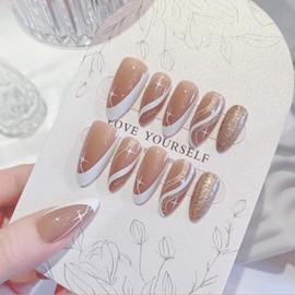 Uñas postizas cortas con cobertura total, uñas francesas nude, uñas postizas con prensa en almendra, uñas postizas con purpurina para mujeres y niñas,