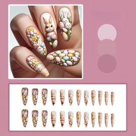 Easter Bunny Press on Nails Almond Fake Nails with Easter Eggs Designs Full Cover False Nails Glossy Colorful Cute Cartoon Glue on Nails Long Manicure Stiletto Stick on Nails for Women Decor 24Pcs