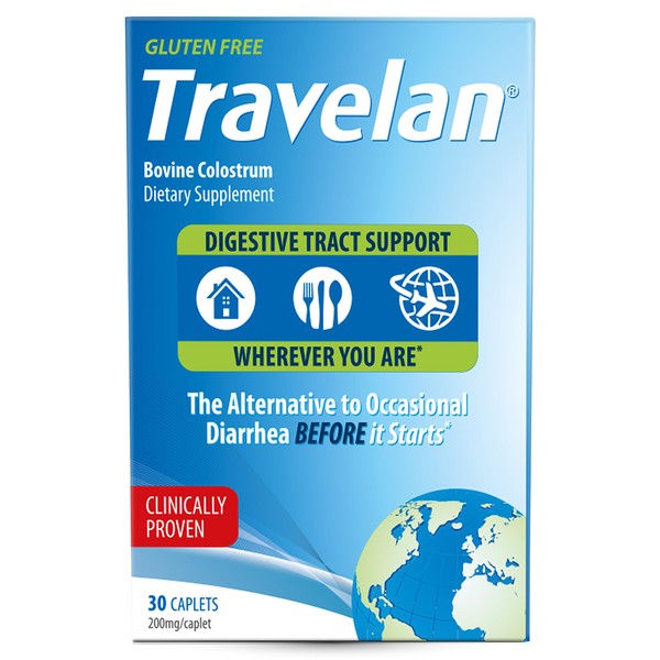 TRAVELAN Anti Diarrhea Travel Medicine for Gas Relief, Bloating, Cramping and Digestive Support, Natural Colostrum Dietary and Immune Support Supplement, Blister Pack for Travel, 30 Pills