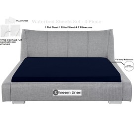 Waterbed Sheets California King Size Attached Waterbed Sheets 100% Egyptian Cotton 600-TC 4 Piece Sheet Set 15" Deep Pocket Attached Sheet Set in Solid (Navy Blue, California King)