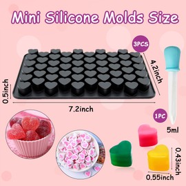 3Pack Heart Silicone Ice Cube Tray Molds Mini Valentine Wax Melt Mold for Baking Chocolate, Gummy, Candy, Jelly, Candle, Handmade Treats with 1Pc Dropper Black