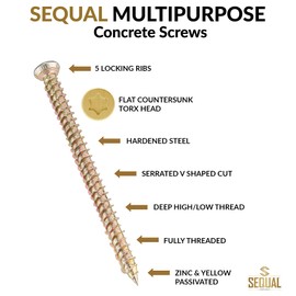 SEQUAL® 70mm (Pack of 20) Easy Drive Countersunk Direct Concrete Screws. No Plugs Needed Concrete Screw Pack Countersunk Screw with Torx Head, T30 Torx Driver Bit Included in Every Screw Pack.