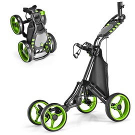 ULTIMATE 4 Wheel Golf Push Cart, Lightweight Folding Golf Trolley Roller w/Scorecard/Cup/Umbrella/Golf Bag Holder & Cooler Bag, Upper Bracket w/Elastic Strap, Foot Brake & Adjustable Handle (Green)