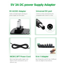 Arkare 5V 3A Power Supply Adapter 15W AC/DC 5V Power Cord AC 100V-240V to DC 5 Volt Power Supply 3Amp 2A 1A 500mA for 5V LED Lights Security Camera HDMI TV Box Raspberry Pi USB Type C with 8TIPS