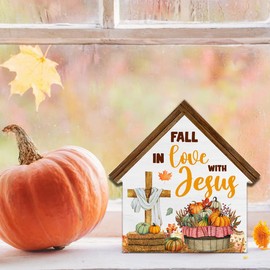 Christian Fall Decor, Fall in Love with Jesus House Shaped Wood Block Sign, Religious Cross Pumpkin Decor, Autumn Farmhouse Home Decorations for Desk Table Shelf