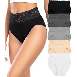 Wealurre Womens Underwear Cotton Bikini Panties for Women High Waisted Lace Hipster Stretch Briefs for Ladies 5 Pack(6005XL,Grey)