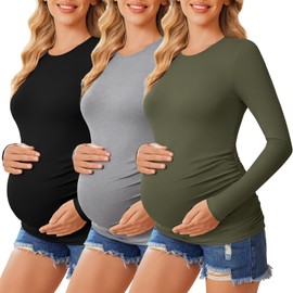 Ekouaer 3 Pack Maternity Shirts Long Sleeve Crew Neck Pregnancy Tops Mama Clothes Black/Army Green/Grey L