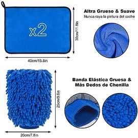 DASKING Kit Limpieza Coche, Guante y Toallas de Microfibra Premium de Lavado Coche, 2PCS Toallas (30 * 40cm) y 1PC Guante para la Limpieza de vehículo