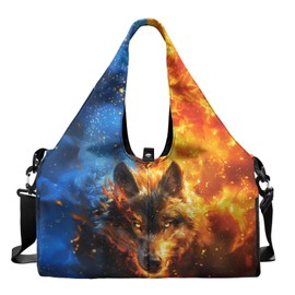 Tansealive Flame Wolf Sports Duffle Bag with Shoe Compartment for Men Portable Gym Bag with Wet Pocket Waterproof Fitness Workout Bags with Yoga Mat Holder Travel Overnight Weekender Shoulder Bag