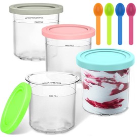 LIAMERHE Pack of 4 Creami Containers for Ninja Creami Ice Cream Maker with 4 Spoons, Reusable Ice Cream Container for NC301 NC300EU NC299AMZ Series BPA-Free Dishwasher Safe Leak-Proof