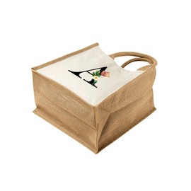 Monogram Initial Canvas Jute Tote Bags for Women - Cotton Shoulder Bags, Reusable Bags for Shopping, Gift bags, Book Bag, Travel Bag, Shopper Bags - Floral Letter A - Natural - L