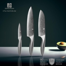ZongChuan 3 PCS Damascus Chef Knife Set, Ultra-Smooth Cutting Experience and Professional Grade Sharp, Kitchen Knife Set,Handle Ergonomic Design,9CR18MOV High Carbon Stainless Steel,Dishwasher Safe
