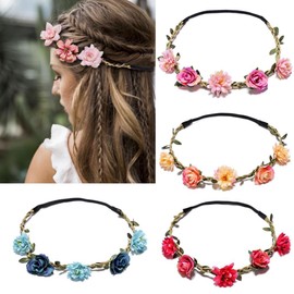 HANSAMU 4Pcs Flower Crowns Floral Headbands Garland Adjustable Boho Bridal Bridesmaid Women Girls Teens Headpiece for Hawaiian Party Wedding Beach Festival (Red Small Daisy, M)