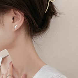 Sterling Silver Lightning Bolt Tiny Stud Earrings for Women Girls Men Hypoallergenic Pierced Ear Minimalist Polished Mini Flash Thunder Button Tragus Post Pin Body Jewelry (Silver)