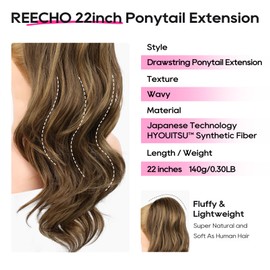 REECHO Ponytail Extension, Drawstring Ponytail Extension Long Wavy Layered Pony Tails Hair Extensions 22inch Natural Clip in Synthetic Hairpiece for Women, Chocolate Brown with Highlights