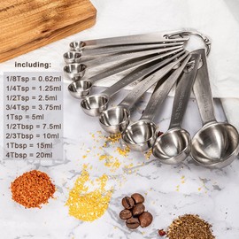 SHEUMNT Measuring Spoons Premium Stainless Steel Measuring Spoons Set of 9 Piece, 1/8 TSP, 1/4 TSP, 1/2 TSP, 3/4 TSP, 1 TSP, 1/2 tbsp, 1tbsp & 4 tbsp Dry and Liquid Ingredients