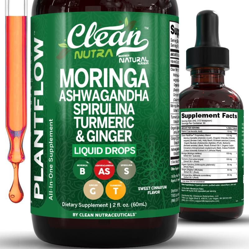 Clean Nutra Plantflow Moringa Drops with Ashwagandha Turmeric Ginger Spirulina