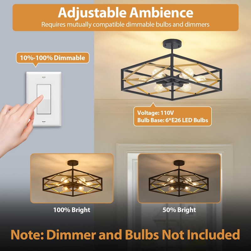 AIBISOD Semi Flush Mount Ceiling Chandelier Light Black and Gold