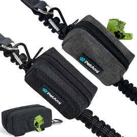 PetAmi Dog Poop Bag Holder for Leash Attachment, Doggie Zipper Pouch Soft Fabric Poop Bag Carrier, Dog Pet Waste Bag Dispenser with Carabiner Clip, 1 Roll of Dog Trash Bag (Black/Gray, 2 Pack)