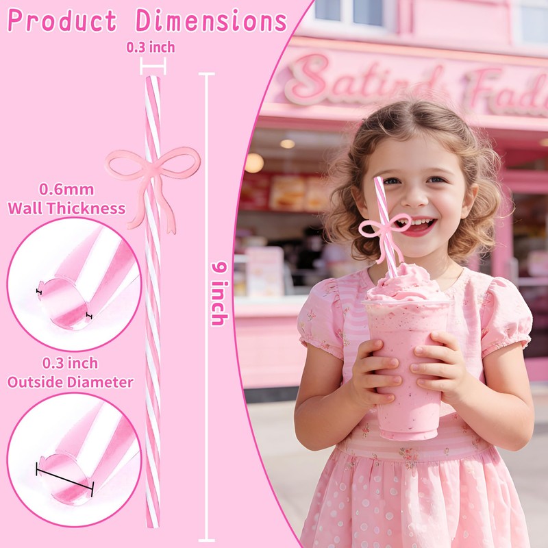 24 Reusable Crazy Drinking Straws for Kids Pink Bow Birthday