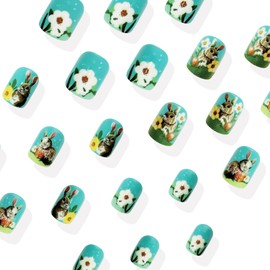 24 Pcs Short Press on Nails Square Easter Fake Nails with Cute Bunny Flower Designs Glossy False Nails Blue Full Cover Glue on Nails Rabbit Acrylic Nails for Women Artificial Nails