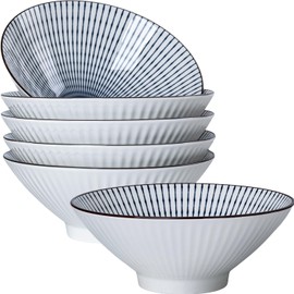 Zscera 38 oz Japanese Ramen Bowl Set of 6, 8-Inch Ceramic Large Soup Bowls, Blue and White Large Pho Bowls - Striped Pattern