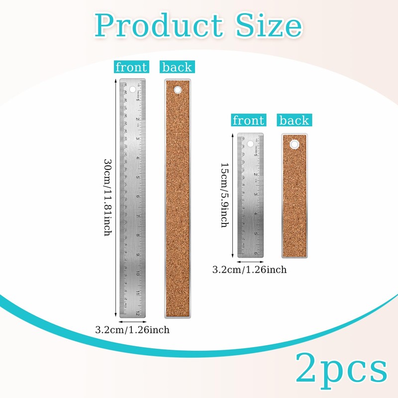 2 Pcs Cork Backed Ruler Stainless Steel Ruler, 6 Inch