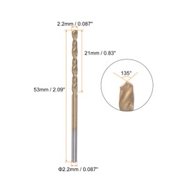sourcing map Twisted Drill Bits 2.2 mm Titanium Coated (HSS-E) M42 High Speed Steel 8% Cobalt Straight Shank for Stainless Steel Aluminium Alloy Metal Pack of 5