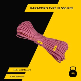 EdcX 4 mm Polyester Paracord 550, 25+ Colours (15, 30 and 50 m) - Type III, 100% Nylon Rope, 7 Stranded Rope, 4 mm Nylon Rope in Many Colours, Solid Colours (Pink, 30 m)