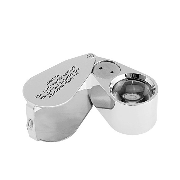 40X Illuminated Jeweler LED UV Lens Loupe Magnifier with Metal Construction and Optical Glass, with Kare and Kind Retail Package (40X x 25 mm, Silver)
