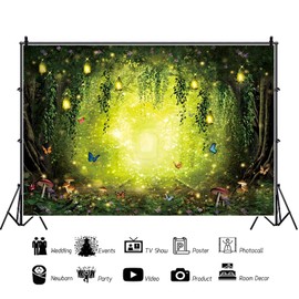 Forest Backdrop Butterflies Mushroom Wonderland Photography Background Fireflies Backdrop Woodland for Kids Girl Room Wall Decorations Birthday Party Photo 7x5ft