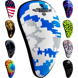 Exxact Sports Lightweight Athletic Cup Mens & Boys with Soft Rim Comfort for Superior Support, Baseball Cup Youth Boys for T-Ball, Football, Lacrosse, Hockey Groin Protector (Large, White/Blue Camo)