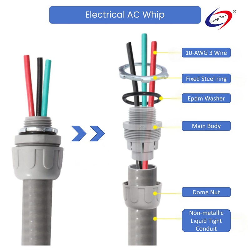 Electrical AC Whip Assembly -1/2" x 4ft Non-Metallic Liquid Tight