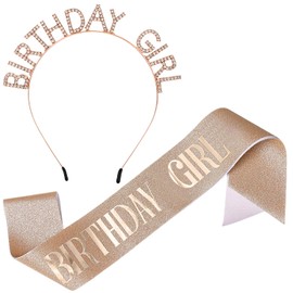 Birthday Sash and Tiara, Glitter Birthday Headband for Girls, Birthday Sash with Rhinestones, Birthday Accessories for Women and Girls (Rose Gold)