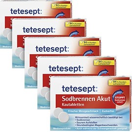 tetesept tetesept Sodbrennen Akut Kautabletten – 5 x 20 Tabletten – mit frischem Minzgeschmack, zuckerfrei – schnell wirkende Magentabletten gegen Sodbrennen