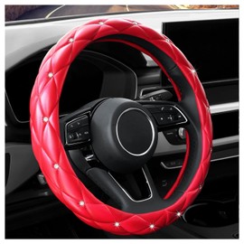 Leather Car Steering Wheel Cover, Studded Bling Diamond Steering Wheel Protector, Universal Red Car Accessories for Women, Fit Vehicles, Sedans, SUVs, Vans, Trucks