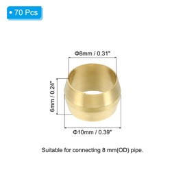 PATIKIL Brass Compression Sleeves Ferrules for 8mm OD Tube, 70 Pack Brass Ferrule Fitting Brass Compression Tube Fitting Ring Assortment Kit for Air Water Gas Pipe Line Fitting Oil