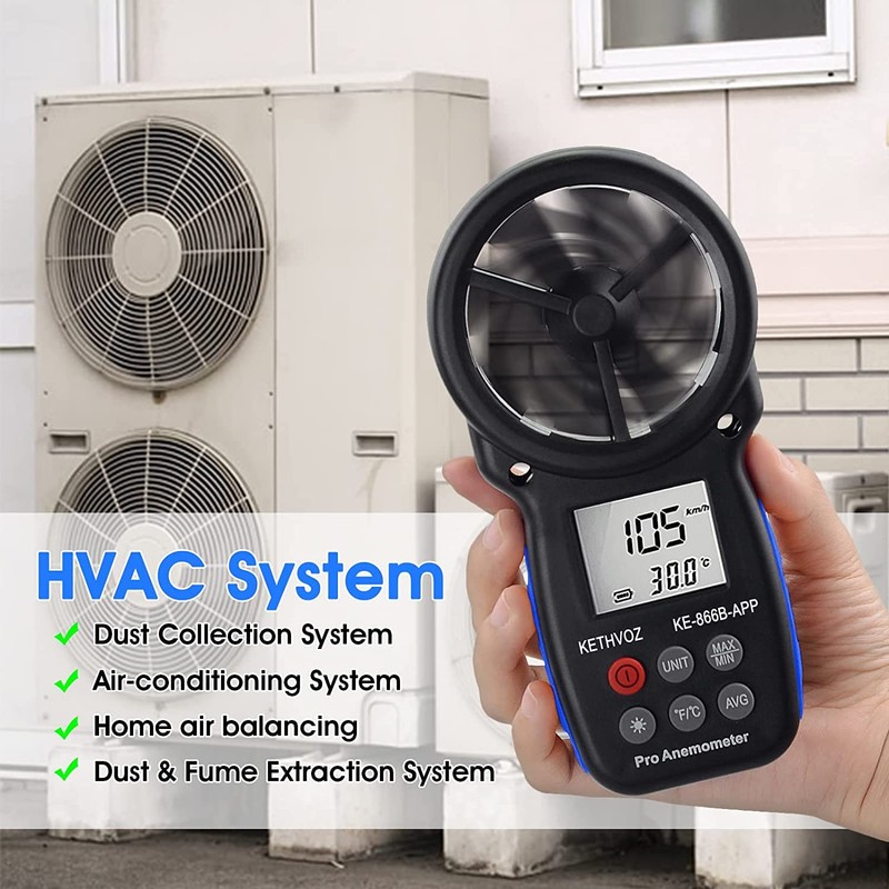 Bluetooth Digital Anemometer, Kethvoz Handheld Wind Speed Meter with Data