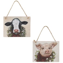 Farm Christmas Ornament Set, Farmhouse Animals Holiday Décor Tree Decorations by Christmas Market Ornaments (2 Wood Pieces) - Cow & Pig
